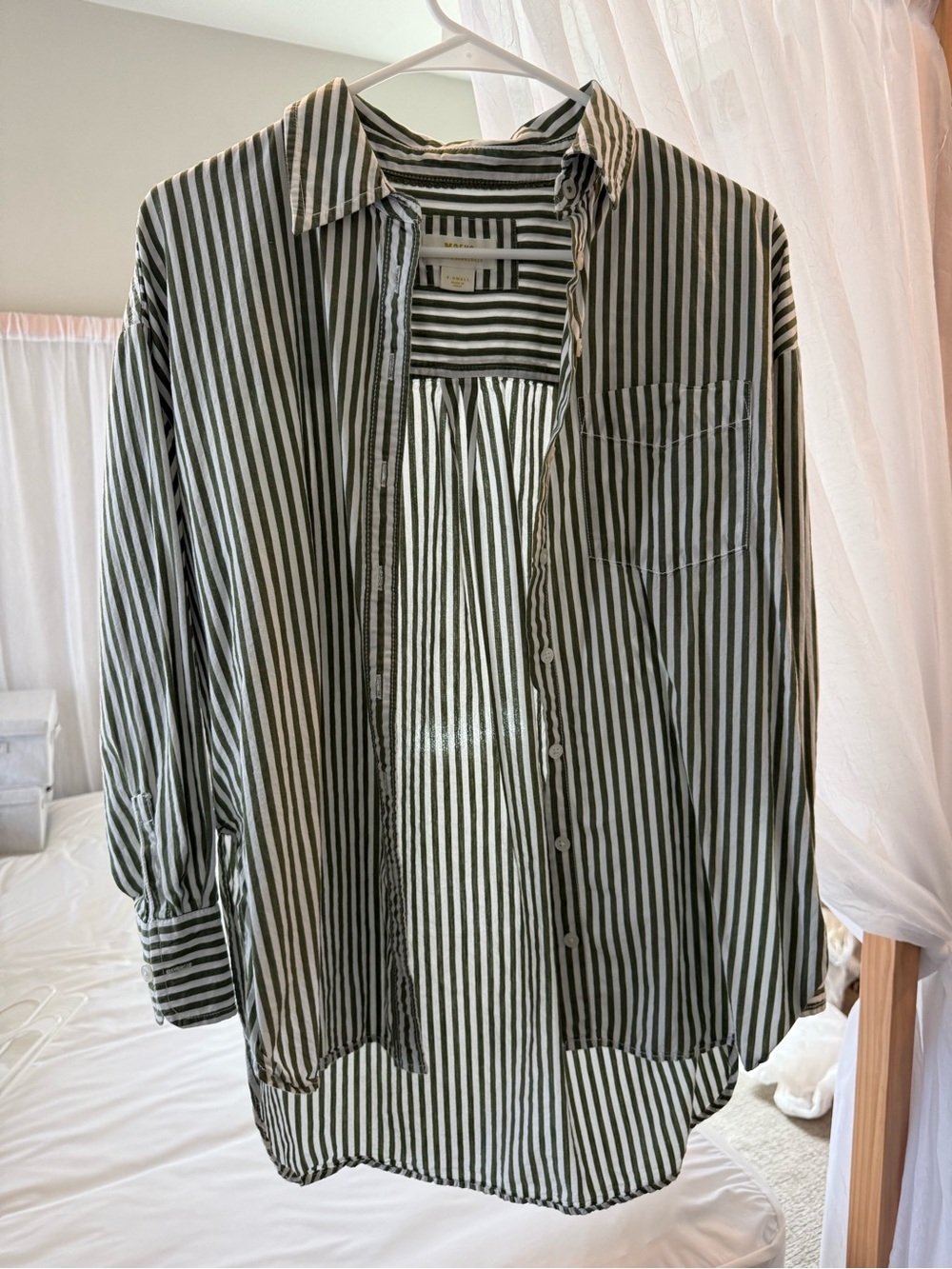 Over-sized Striped Long-Sleeve Button-Up Shirt - Olive Green & White